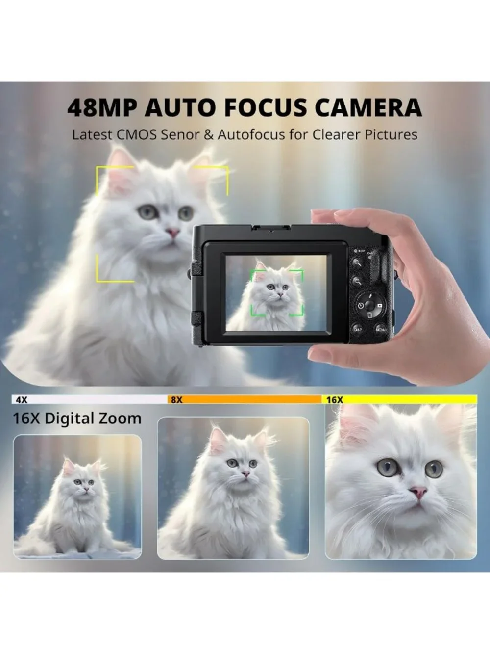 48MP 4K Digital Vlogging Camera with Autofocus, 180° Flip Screen, 16X Zoom, 2